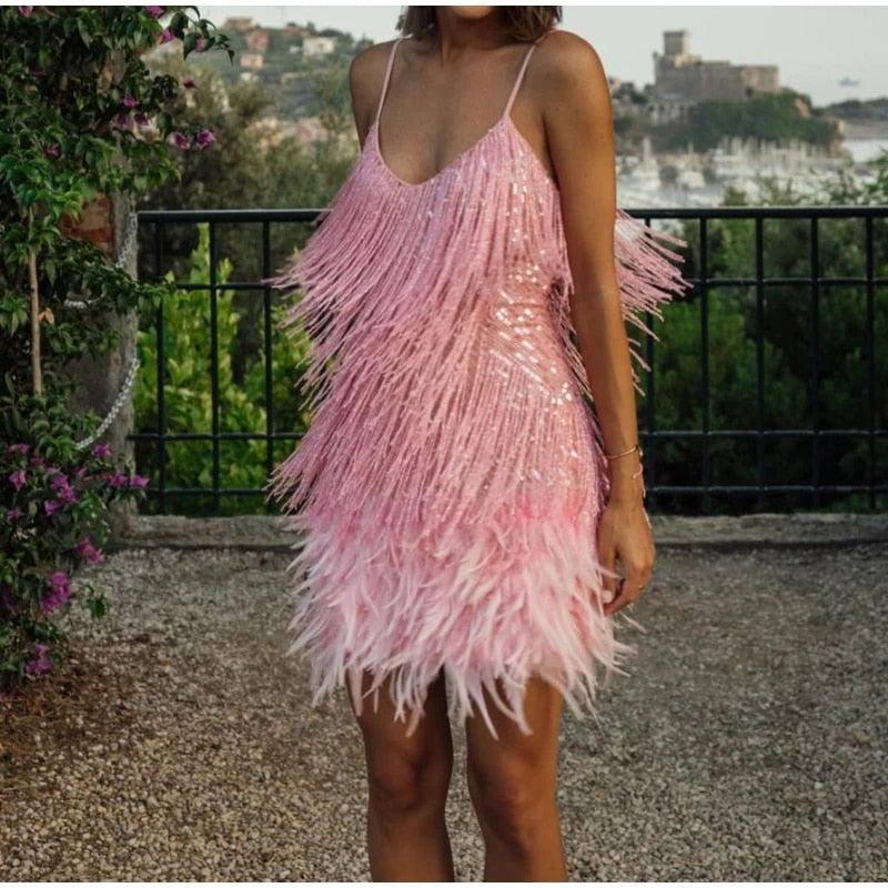 Feather Spaghetti Strap Dress