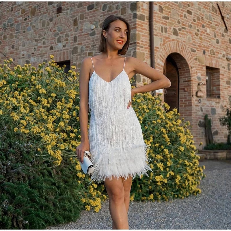 Feather Spaghetti Strap Dress